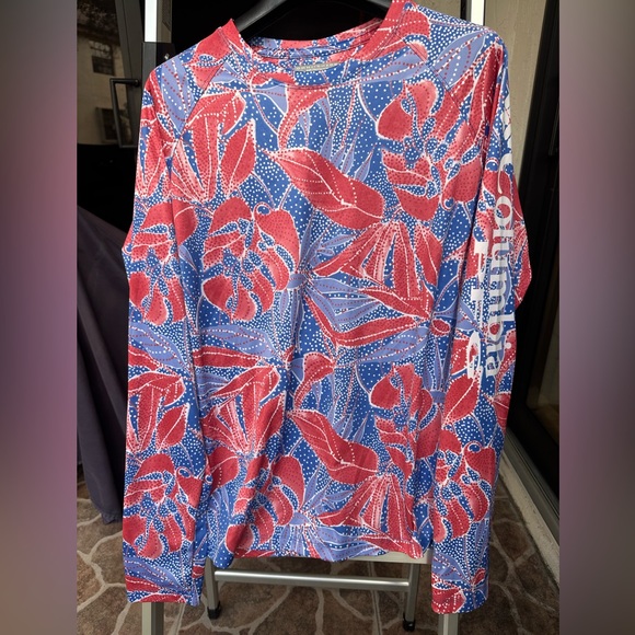 Columbia Tops - COLUMBIA | Red & Blue Floral Patterned PFG Omni-Shade Long Sleeve Shirt Size L